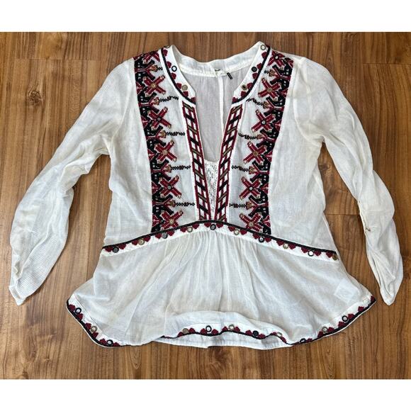 Anthropologie akemi & kin embroidered tunic top BOHO Medium Aztec‎ Print Beige - Picture 3 of 6